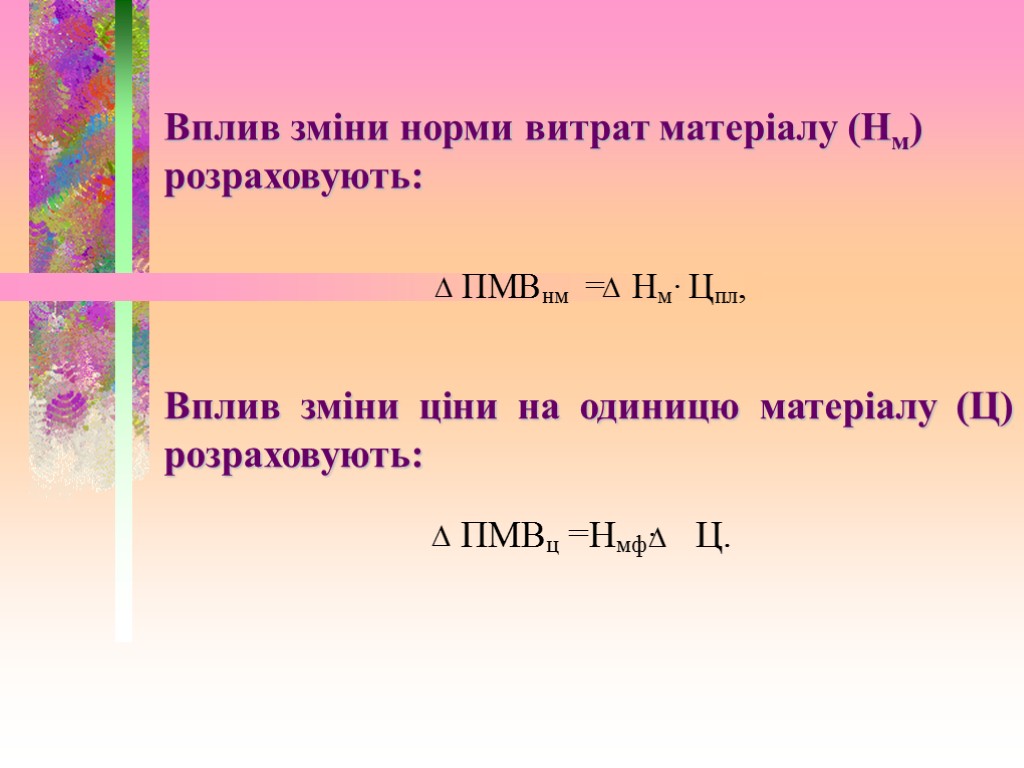 Вплив зміни норми витрат матеріалу (Нм) розраховують: Вплив зміни ціни на одиницю матеріалу (Ц)